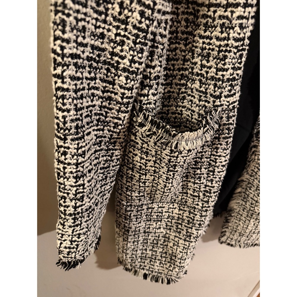 Laundry by Shelli Segal Womens Medium Black White Tweed Fringe Open Jacket Coat - Picture 2 of 7